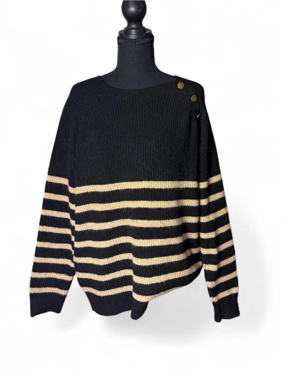 Knox Rose Women XXL Striped Pullover Sweater Knit Black Tan Long Sleeve